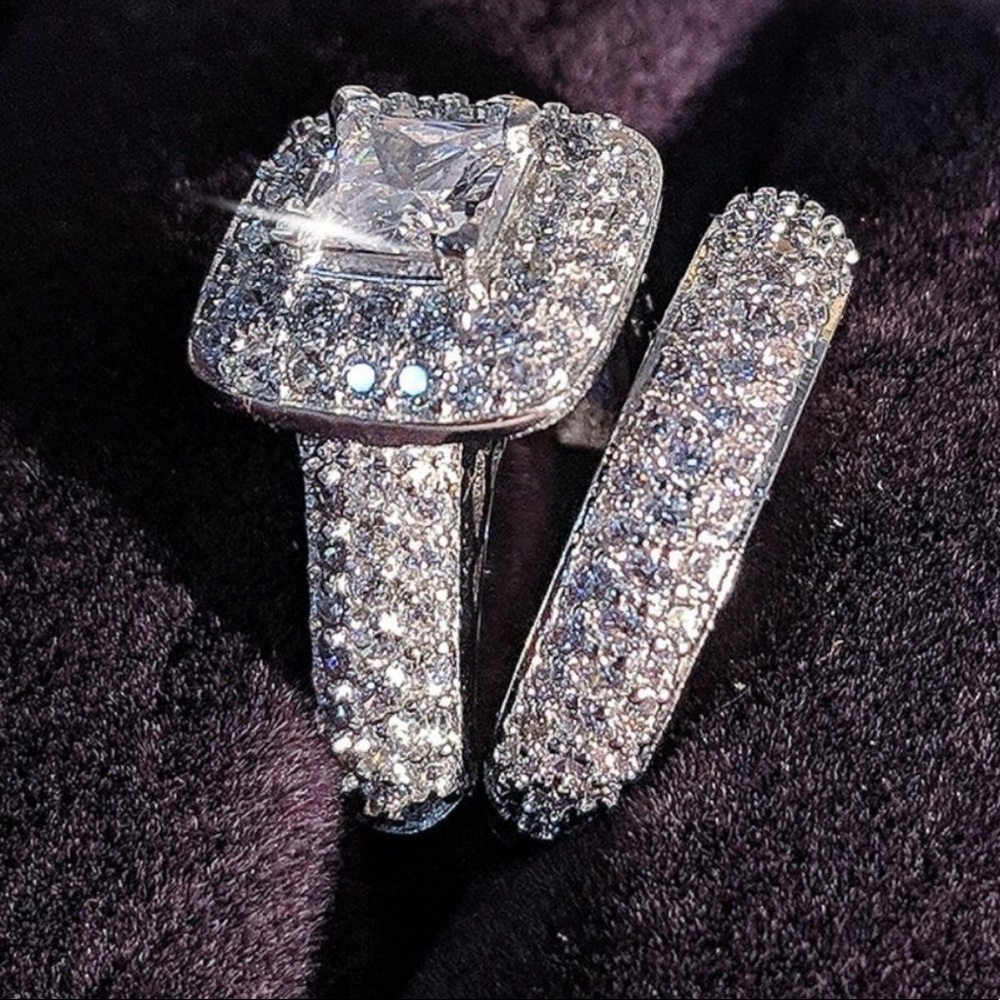 💍NEW 925 STERLING SILVER PRINCESS HALO RING SET💍 - Picture 2 of 8